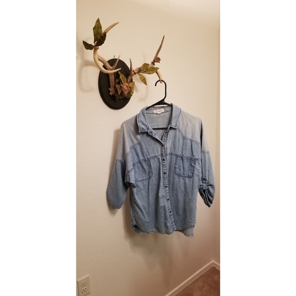 Two-tone oversized denim button-down top